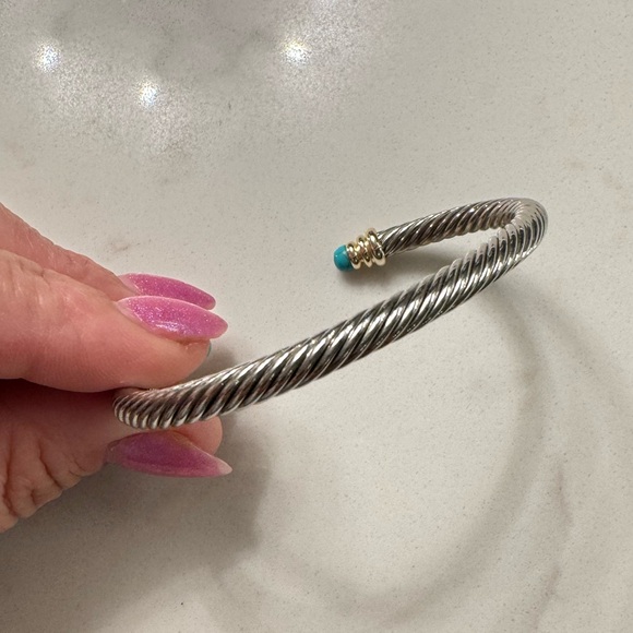 Two Tone Cable Bracelet with Open Cuff Faux Turquoise Silver Tone and Gold Tone - Picture 9 of 9